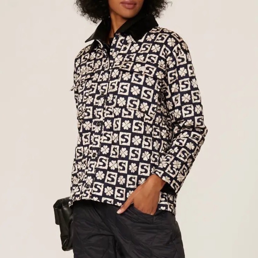 Sandro Enora Quilted Logo Jacket Black Tan Satin Clover Velvet Collar 1 US 4